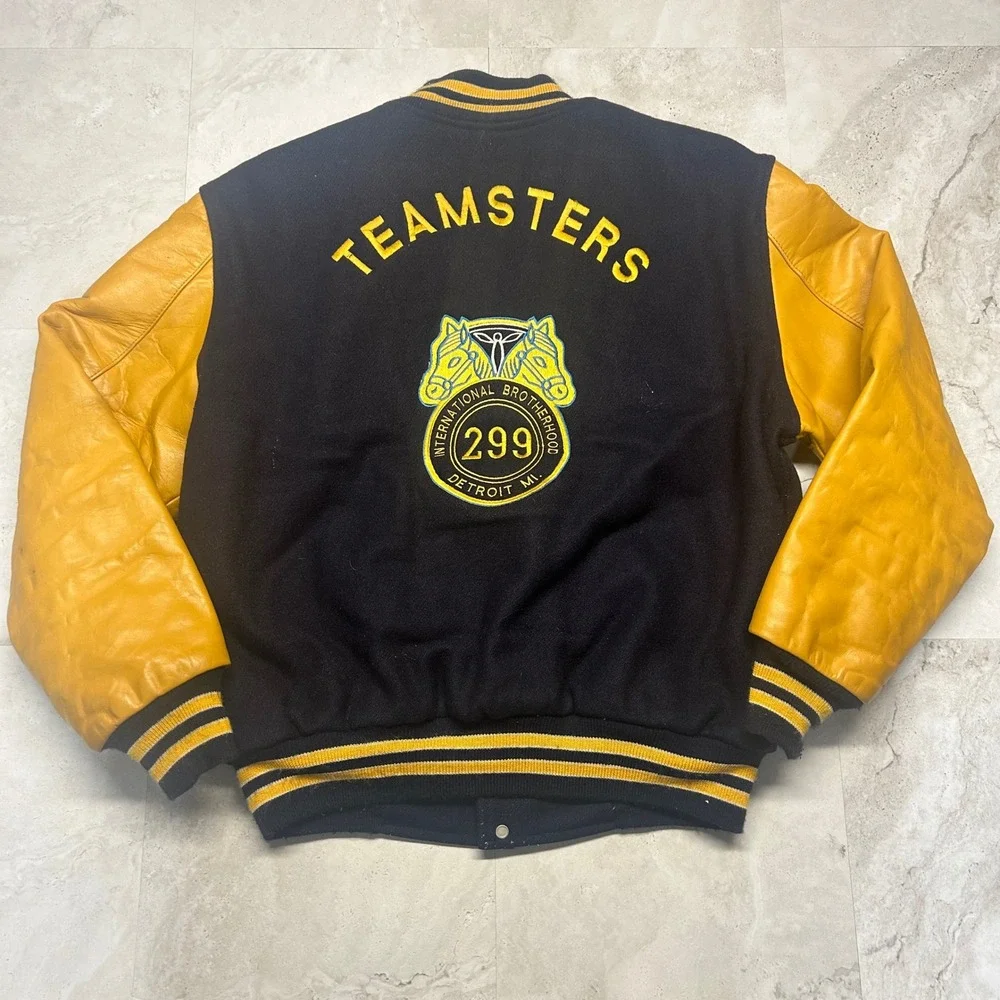 T&M Sportswear Teamsters Local 299 Varsity Jacket Navy Yellow Mens L Vintage
